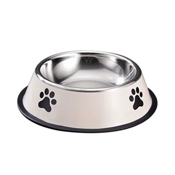 White stainless steel dog bowl with black paw prints and non-slip rubber base