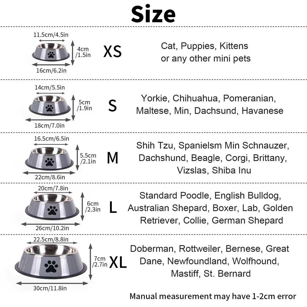 Size chart for XS to XL stainless steel dog bowls with dimensions and suggested breeds