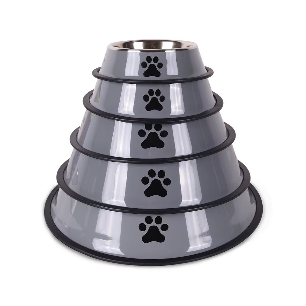 Stack of five grey stainless steel dog bowls from XS to XL