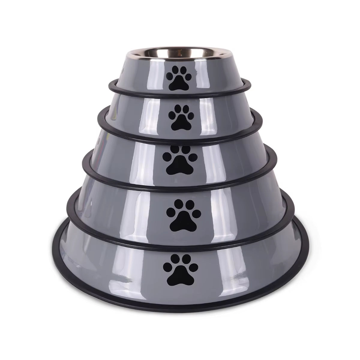 Stack of five grey stainless steel dog bowls from XS to XL