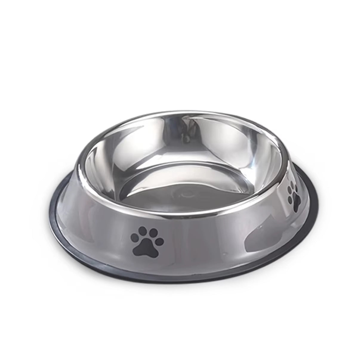 Grey stainless steel dog bowl with black paw print and non-slip base