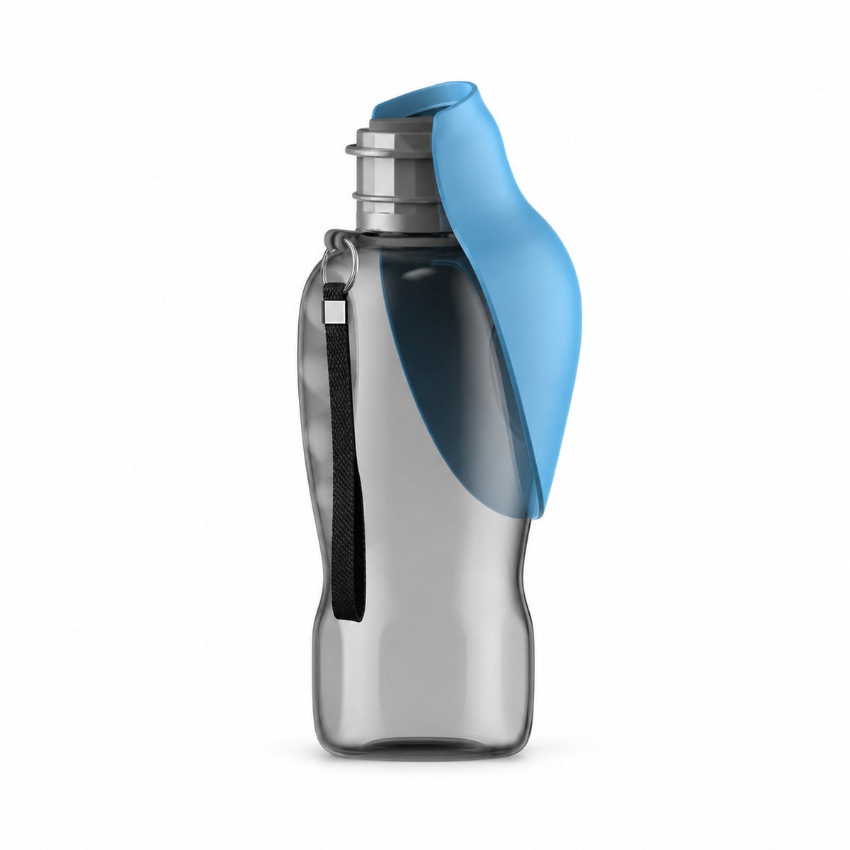 Portable dog water bottle 800ml in blue with fold-out drinking tray