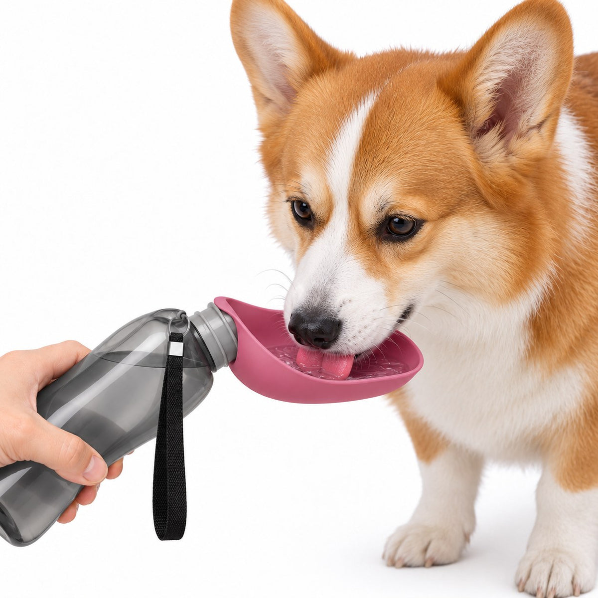 Corgi drinking from the pink Dogswite portable water bottle