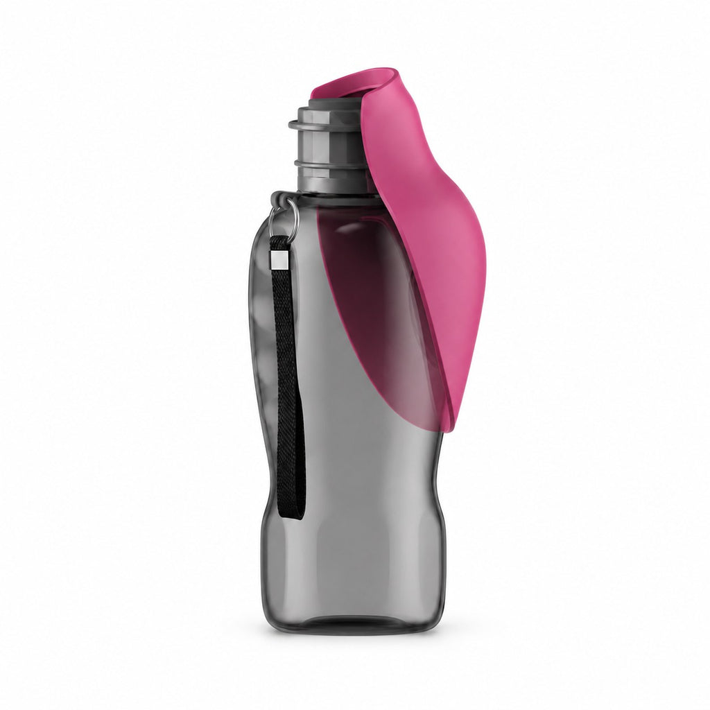 Portable dog water bottle 800ml in pink with fold-out drinking tray
