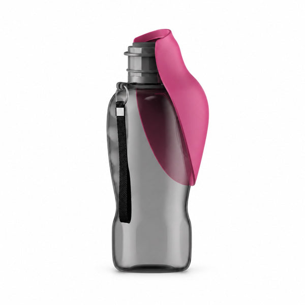 Portable dog water bottle 800ml in pink with fold-out drinking tray